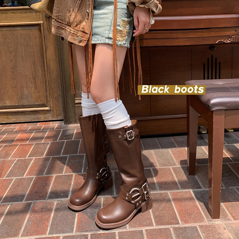 Size 34-42 Vintage Western Women Boots Genuine Leather Knee-High Boots Thick High Heels 2024 Autumn Winter Shoes Woman Retro