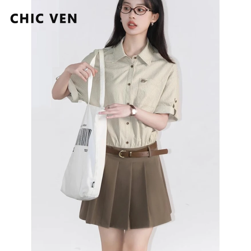 

CHIC VEN корейские женские платья трапециевидной формы, новое лоскутное плиссированное полосатое платье-рубашка с короткими рукавами и вышивкой, весна-лето 2025
