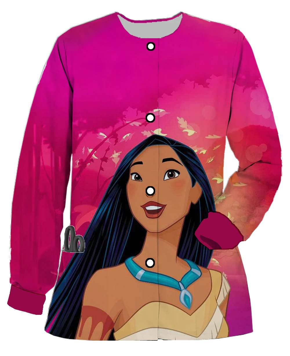 بدلة الطبيب ديزني بوكا دوك الأميرة المرأة ملابس منقوشة بكم طويل زر بدلة جراحية جديدة سترة فضفاضة غير رسمية