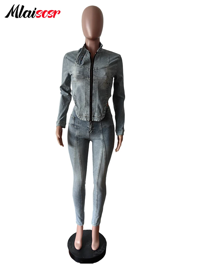 Mlaiscsr New Slim Zip Jackets and Jeans Pant Sets for Women 2 Piece Clothing Sexy Stretch Denim Matching Outfit Y2k Streetwear