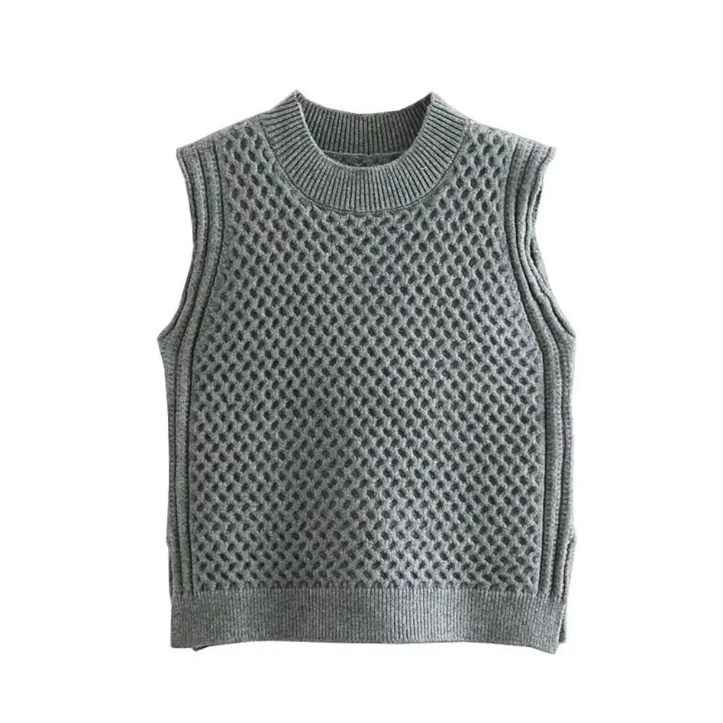 

Women's Elegant Pure Color Rhombus round Neck Vest European And American Style Spring New Niche Fashion