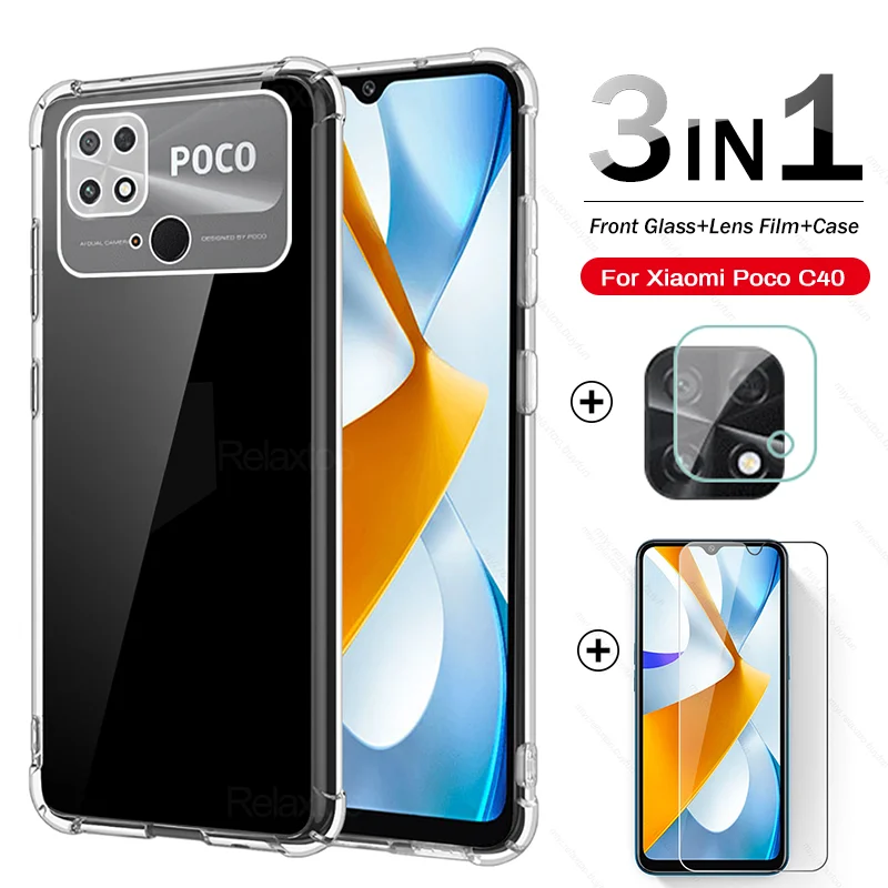 3To1 Clear Soft Silicone Back Cover For Poco C40 Case Camera Glass PocoC40 Poko Little C40 C 40 40C Shockproof Protective Fundas