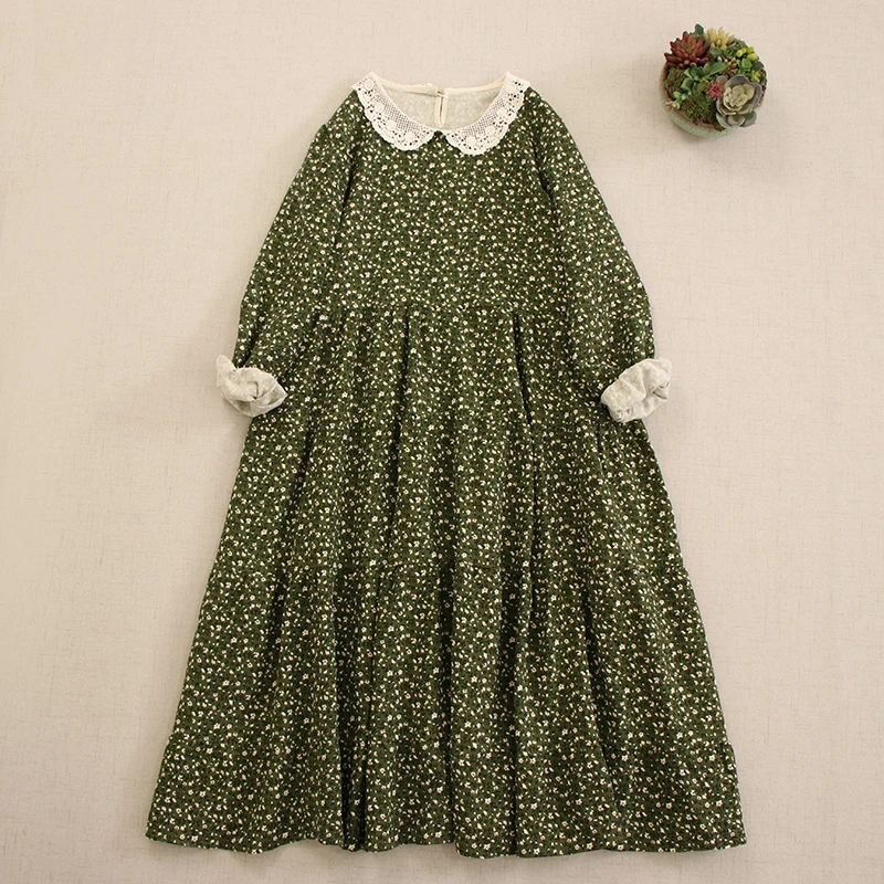 Autumn New Japanese Mori Girl Vintage Floral Print Cotton Dress Women Embroidery Peter Pan Collar Long Sleeve Loose Midi Dresses