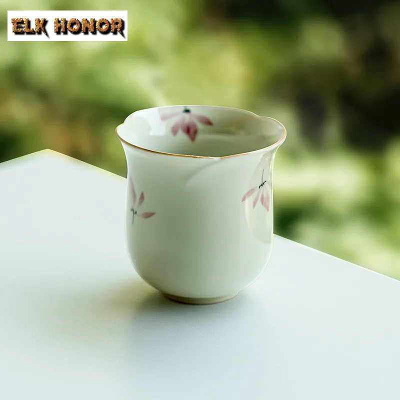 2pc/lot Pure Hand-painted Pink Orchid Teacup Grass Ash Tea Bowl Cup For Tea-tasting Smelling Cup Jianzhan Master Cup Teaset 80ml
