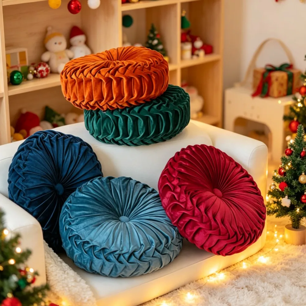 Classy Accent Vintage Velvet Round Pleated Throw Pillow with Center Button Pumpkin Christmas Red Gift Decorative Floor Pillow