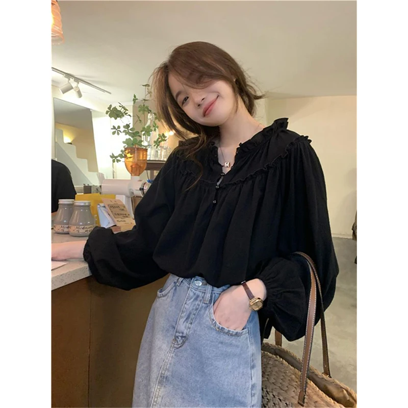 Sweet Elegant Blouses Women Vintage Puff Long Sleeve Shirts Student Korean Retro Office Lady Basic Solid Loose Casual Chic Tops