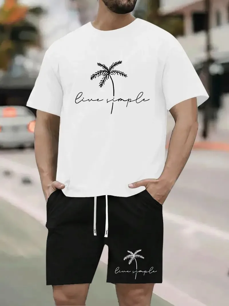 Men's sports suit fashionable coconut tree print round neck short sleeved T-shirt Hawaii vacation casual suit men's drawstring p