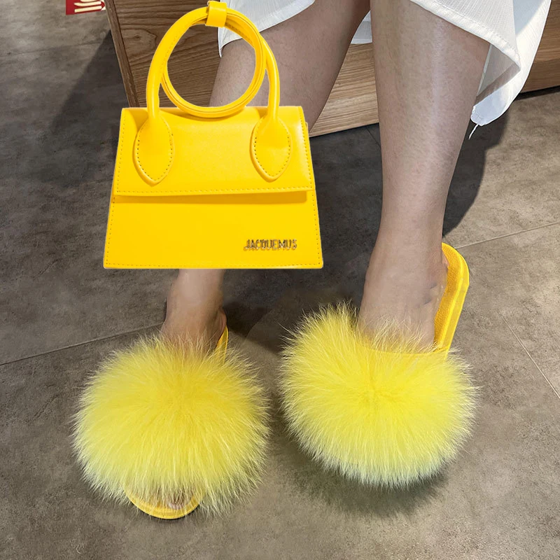 Real Fox Fur Grass Slippers Women's Summer New Color Sole Real Fur Slippers Trendy Single Shoulder Women's Bag Crossbody Bag Set