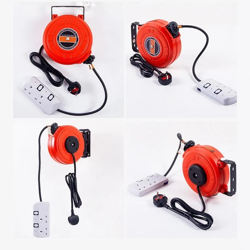6m Automatic Retractable Cable Reel, Portable Self‑Recovery Cord Winder, 1.5mm² 2‑Core Cable with Waterproof Socket