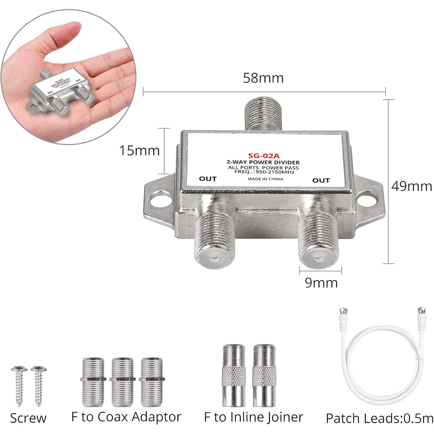 2-Way Coax Cable Splitter MoCA 950-2150MHz with 0.5m Factory Made Patch Lead F to Coax Adaptors F to F Inline Joiners for NTL