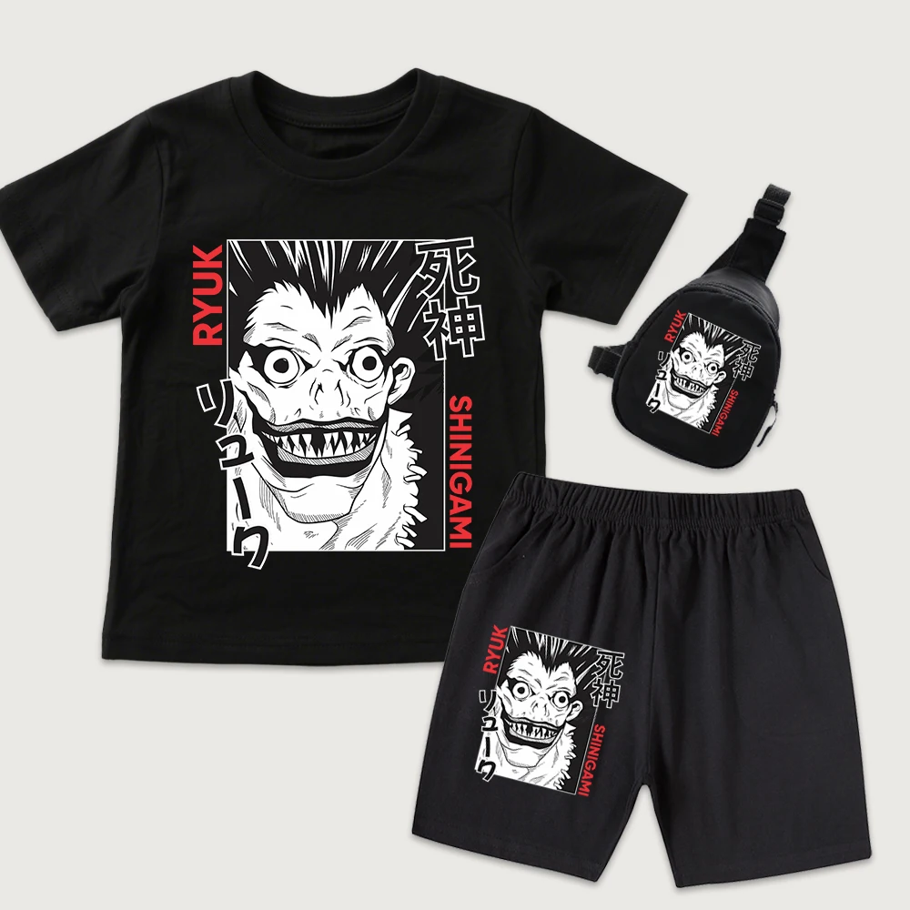 Death Note Ryuk Anime Print Kids Cotton T Shirt Shorts Mini Chest Bag 3Pcs Set for Boys Girls Casual Summer Outfit