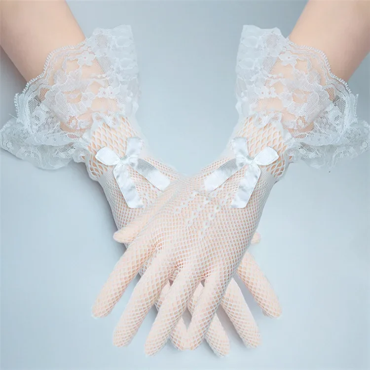 Guantes cortos negros elegantes para novias, accesorios de boda con borde de encaje para novia y dama de honor