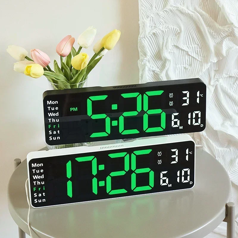 Large Digital Wall Clock Remote Control Temp Date Week Display Power Off Memory Table Clock Wall-mounted Dual Alarms LED Clocks