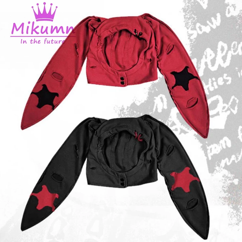 Mikumn Gothic Grunge Black Red Star Love Metal Buckle Broken Hole Long Rabbit Ear Hat Punk Chic Hooded Design Accessory Caps