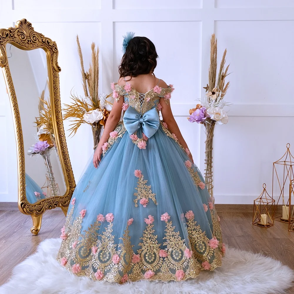 Elegant Blue Sweet Quinceanera Dress For Baby Girls Floral Appliques Off Shoulder Junior Ball Gown Toddler Kids Party Dresses