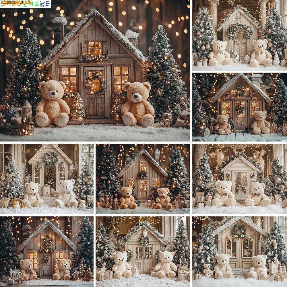 

White House With Christmas Tree and Little Bear Photography Backdrop Kids Baby Cake Smash Photocall Studio Backgrounds