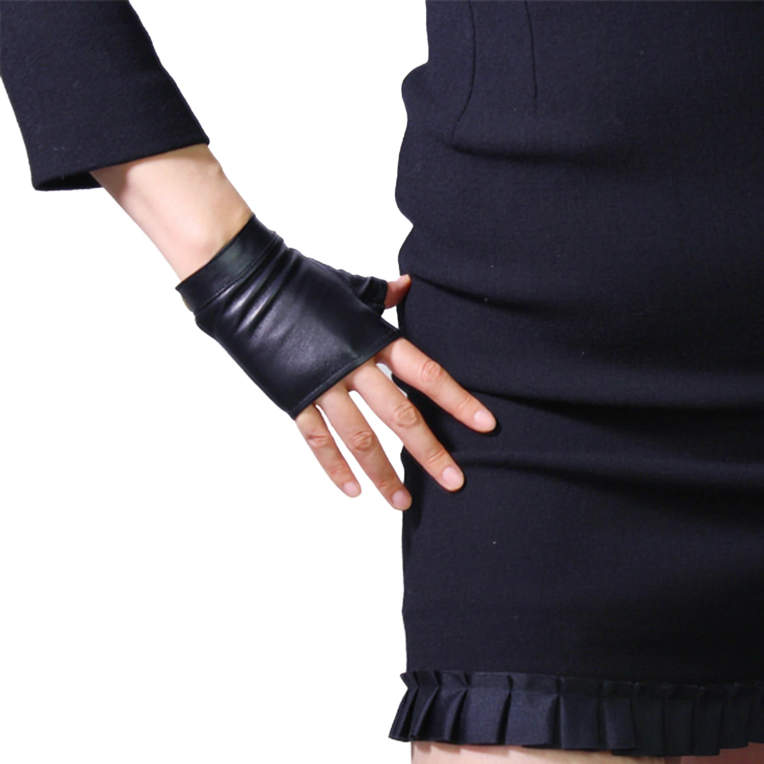 DooWay Women\'s Black Fingerless Short Gloves REAL LEATHER Tech Wristlet Solid Half Finger Sports Outdoor Cycling Driving Glove