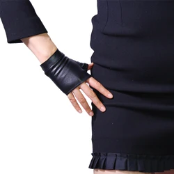 DooWay Women's Black Fingerless Short Gloves REAL LEATHER Tech Wristlet Solid Half Finger Sports Outdoor Cycling Driving Glove