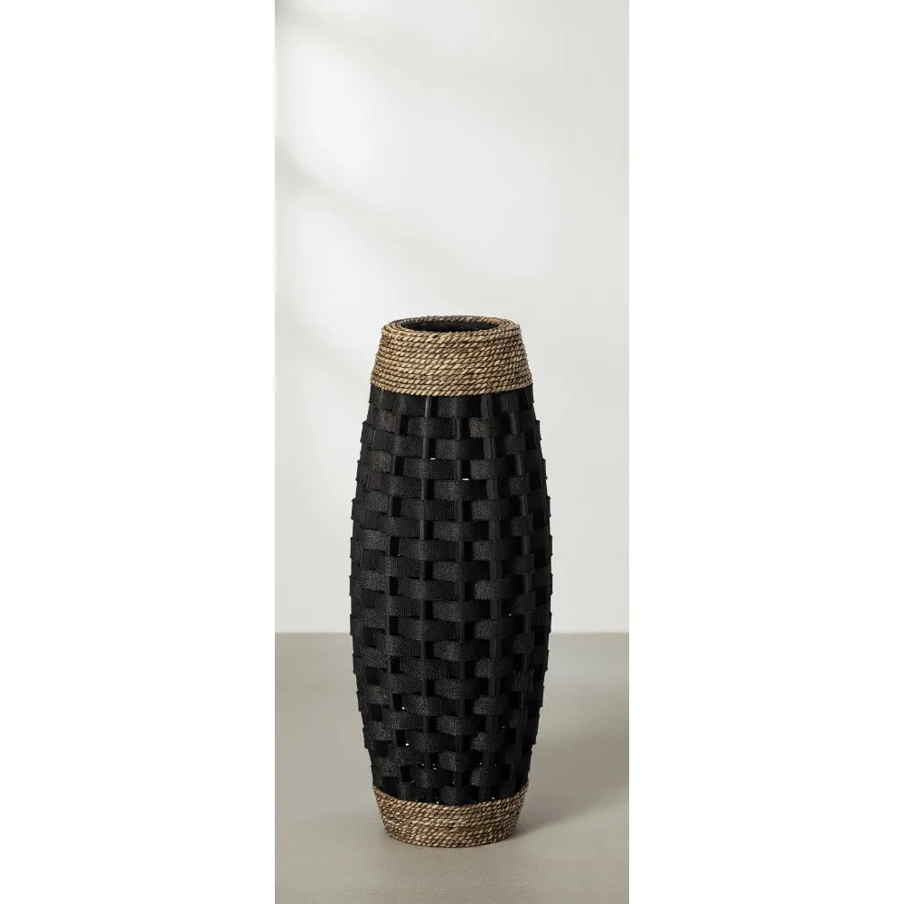 

24-inch Tall Black Woven Floor Vase - Handcrafted Rustic Home Decor for Living Room Entryway