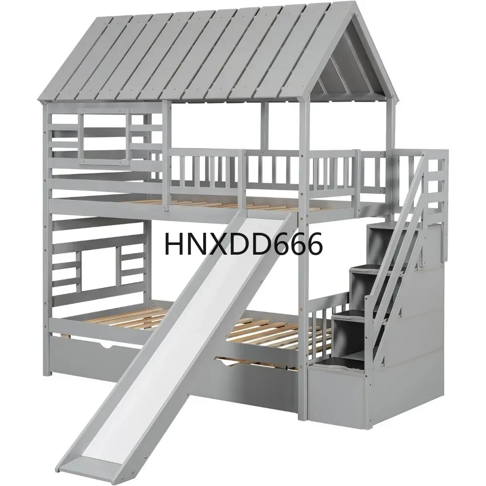 

Twin Over Twin Bunk Beds with Slide and Trundle, Solid Wood Bunk Bed Frame with Stairs and Storage Playhouse Bunk Bed with Roof