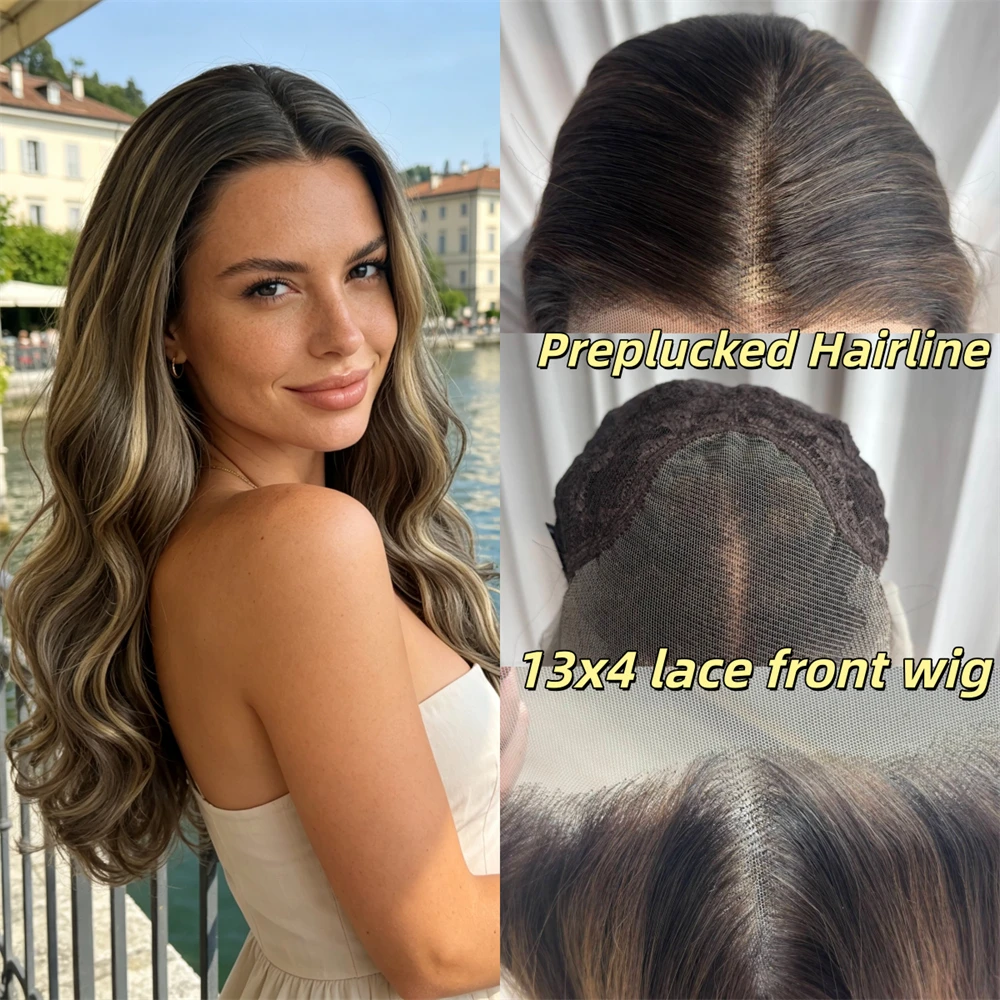 Ombre Brown Brunette with Blonde Streaks Eaze Cap Beginner Wig Synthetic HD Lace Front Wig Soft Body Wave Wig Blended Human Hair