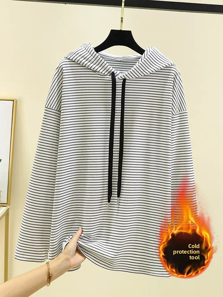 المرأة المتضخم طويل Sve Fce هوديي الخريف الشتاء الحراري تي شيرت ملابس خارجية تنوعا مخطط المخملية الدافئة