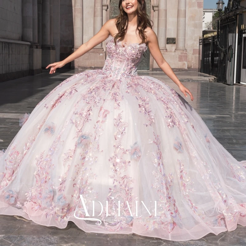 

Pink Shiny Ball Gown Quinceanera Dresses 2026 Sequin Applique Lace Beading Crystal Corset Tull Off Shoulder Sweet 16 Dress Years