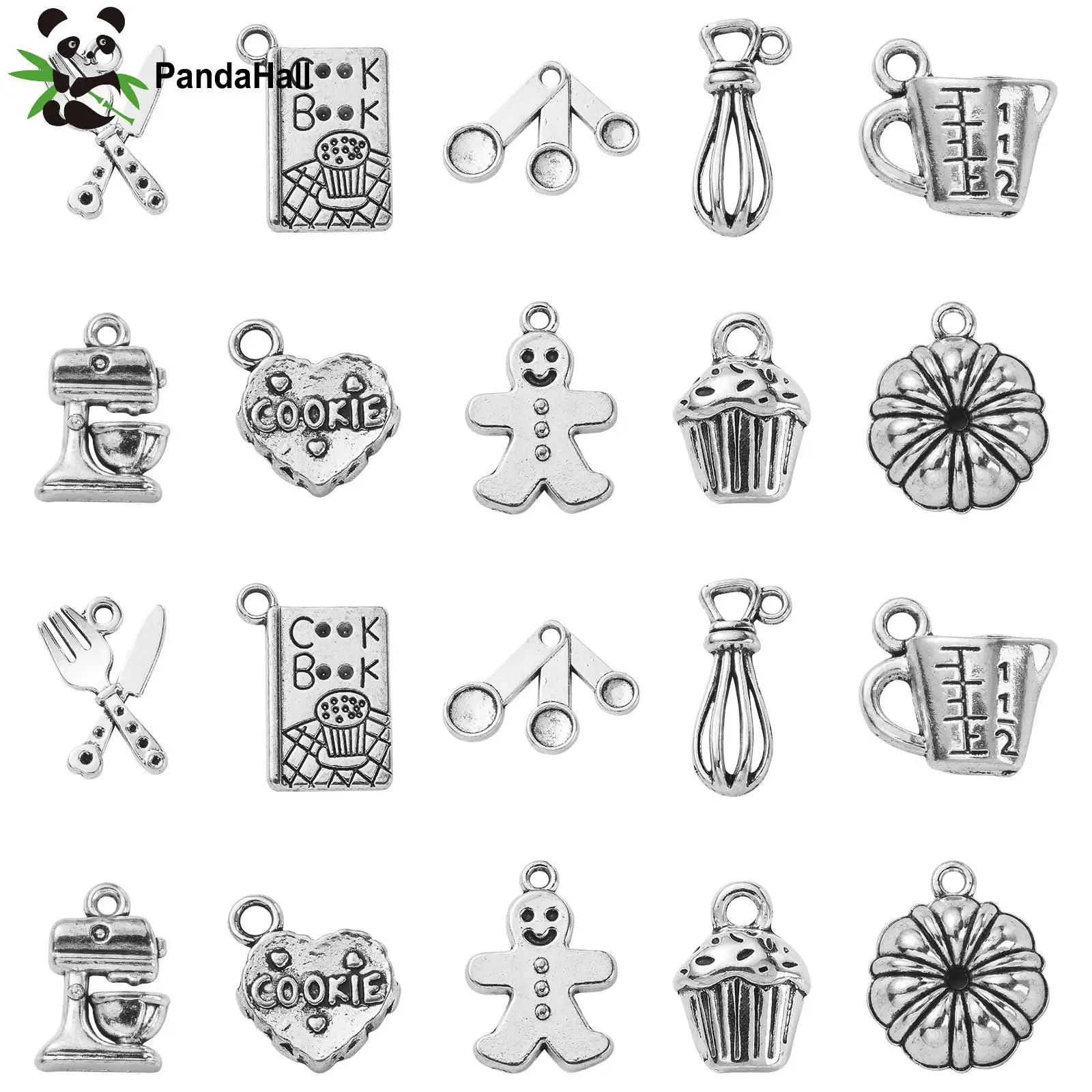 PandaHall 100pcs 10Styles Tibetan Baking Charms Kitchenware Cook Book Measuring Cup Cake Cookie Charms for Jewelry Making ﻿