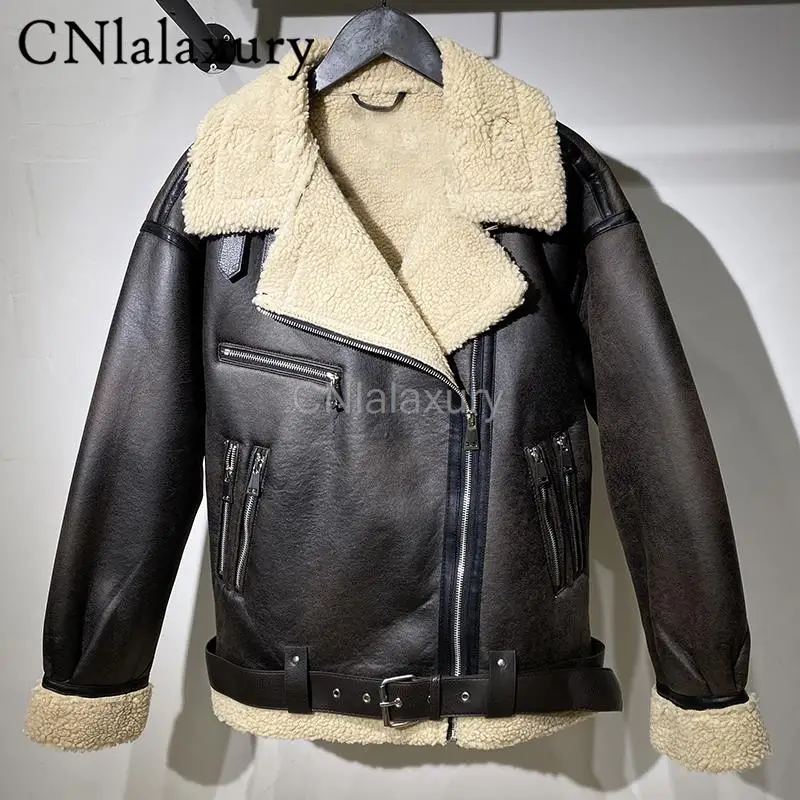 CNlalaxury Autumn Winter Women Faux Lamb Fur Leather Jacket With Belt Streetwear Female Zipper Loose Moto Biker Coat Outwear