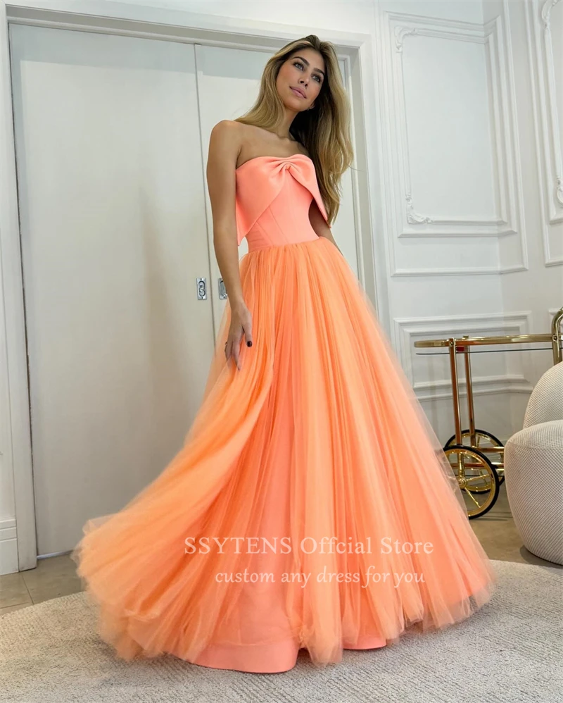 Elegant Orange Long Wedding Party Dresses Strapless Bow Prom Gown Dress Tulle Formal Princess Bridemaid Bridal Gowns For Women