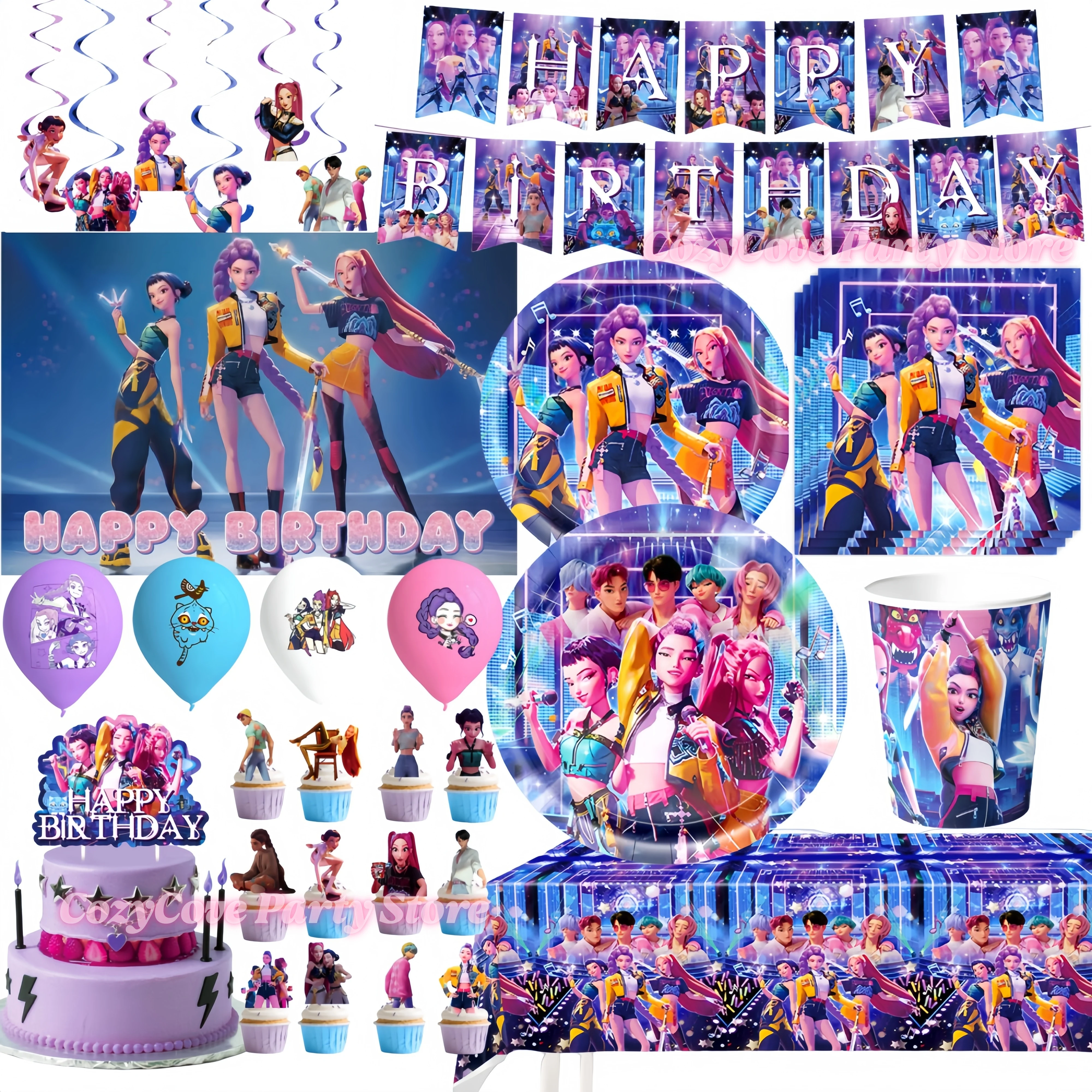 Demon Hunters-vajilla decorativa para fiesta de cumpleaños, plato con globos, taza para niñas, juego de suministros de recuerdo de fiesta de Anime Kpop, fotomatón