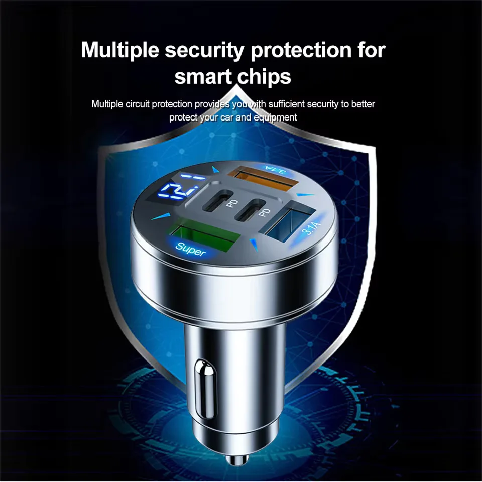 شاحن سيارة 250 واط 5 منافذ شحن سريع PD QC3.0 USB C محول شاحن هاتف السيارة مع الجهد آيفون سامسونج هواوي شاومي