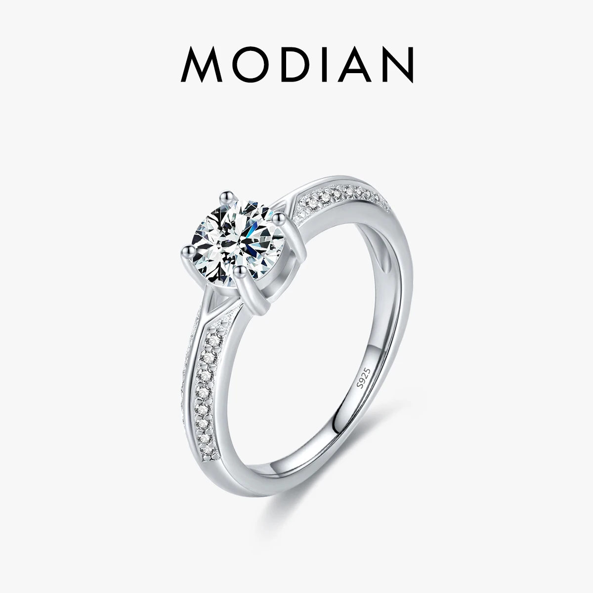 MODIAN 925 Sterling Silver Dazzling Round 1CT Zirconia Ring For Women Female Wedding Engagement Platinum Plated Fine Jewelry