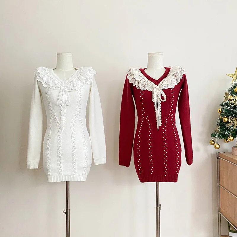 

Knit Dress Women Autumn Winter New Lace Stitching Korean V-neck Female Loose Elegant Sweater Dresses