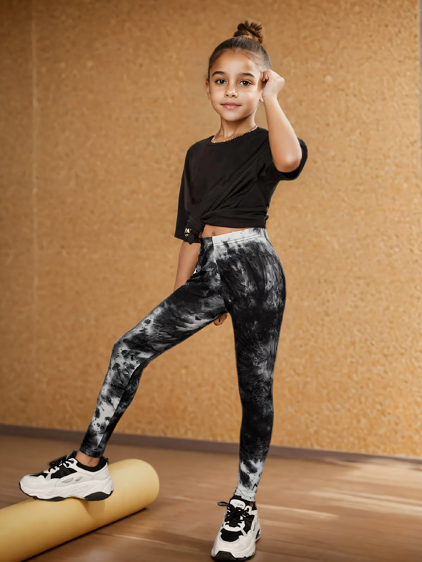 Trendige Mädchen Y2K Schwarze Batik-Stretch-Leggings Lässige Streetwear Tägliche Ausgehkleidung Vielseitig Kombinierbare Slim-Fit-Hose – Detail 4