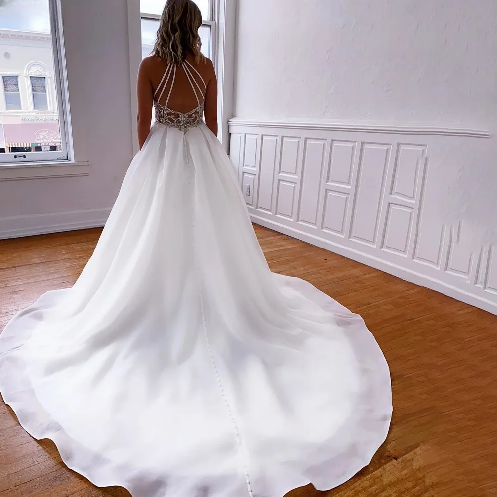 MANRUIXIN 맞춤형 A라인 보헤미안 웨딩 드레스 여성용 화이트 오간자 하이넥 크리스탈 신부 드레스 로브 드 마리아쥬