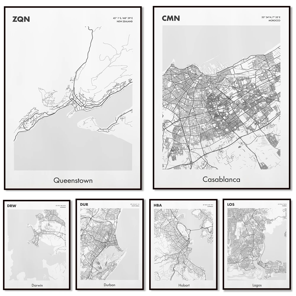 Casablanca Morocco, Nigeria, Constantine, Algeria, Hobart Australia, Durban South Africa, Wellington, New Zealand city map poste