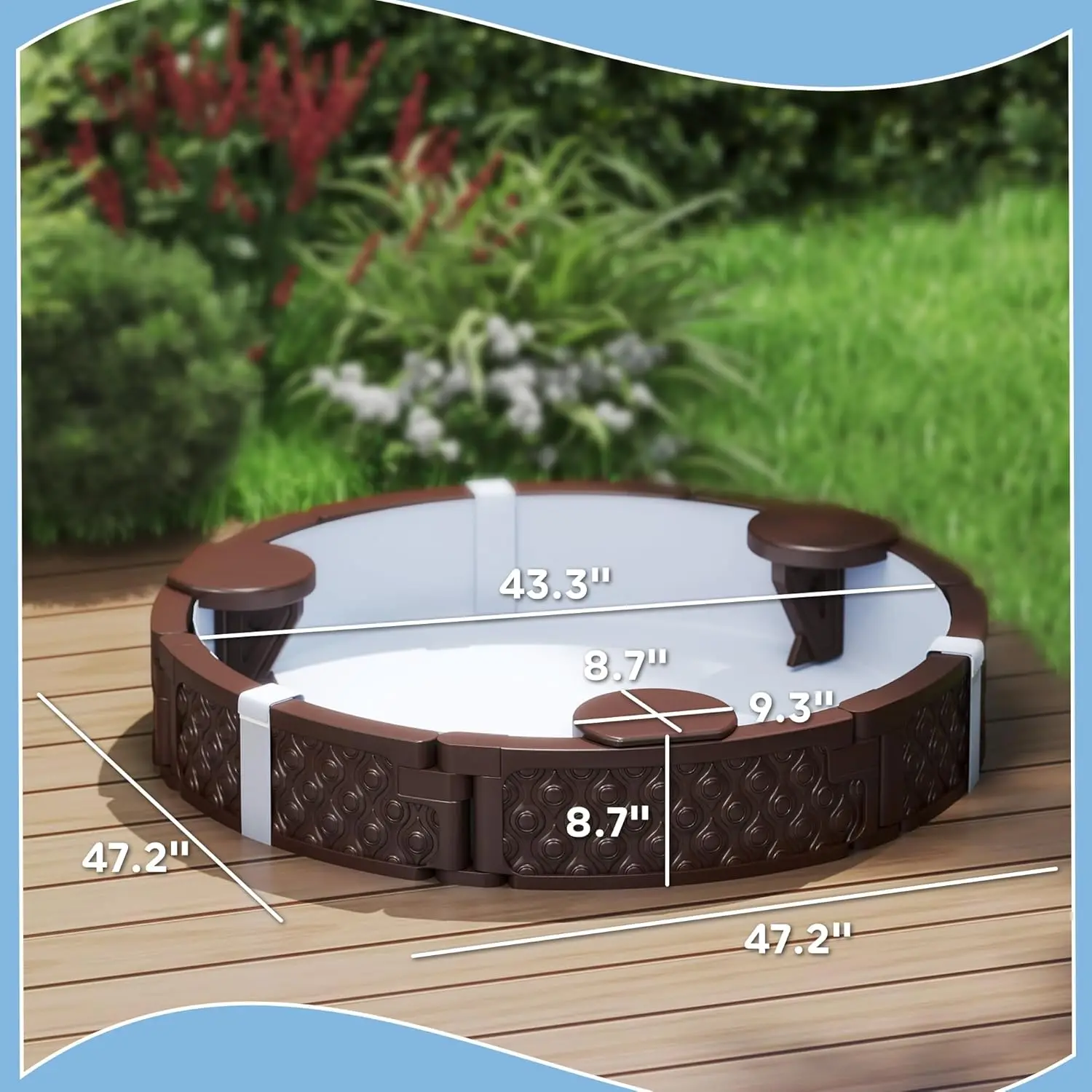 Sandbox per bambini con coperchio, grande fossa di sabbia rotonda da 47 "con 3 posti, fodera inferiore impermeabile, scatola di sabbia per esterni resistente alle intemperie