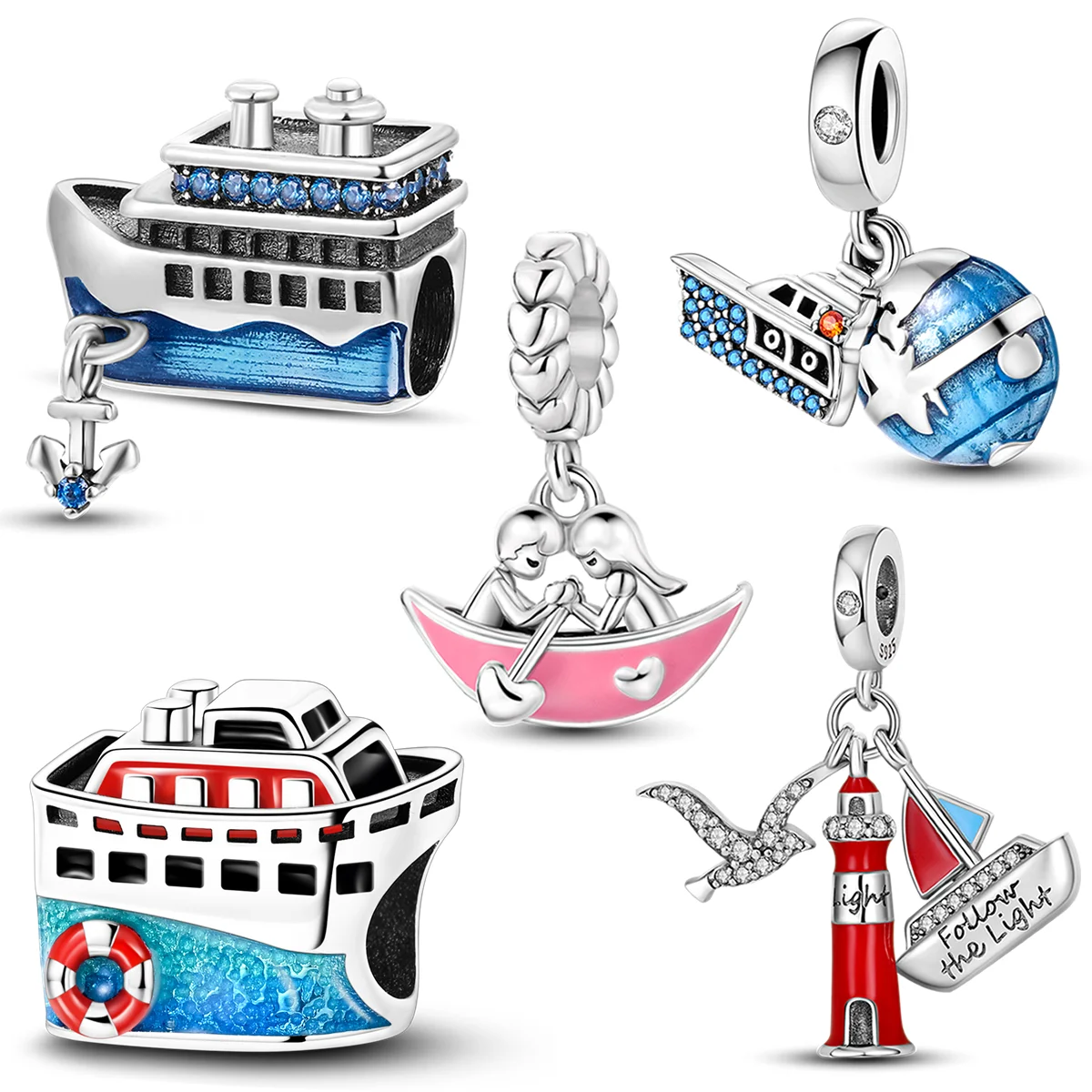 925 Silver Steamboat Anchor Sparkling Blue CZ Yacht Beads Fit Bangle Bracelet Diy Authentic Silver Color Cruise Ship Charms