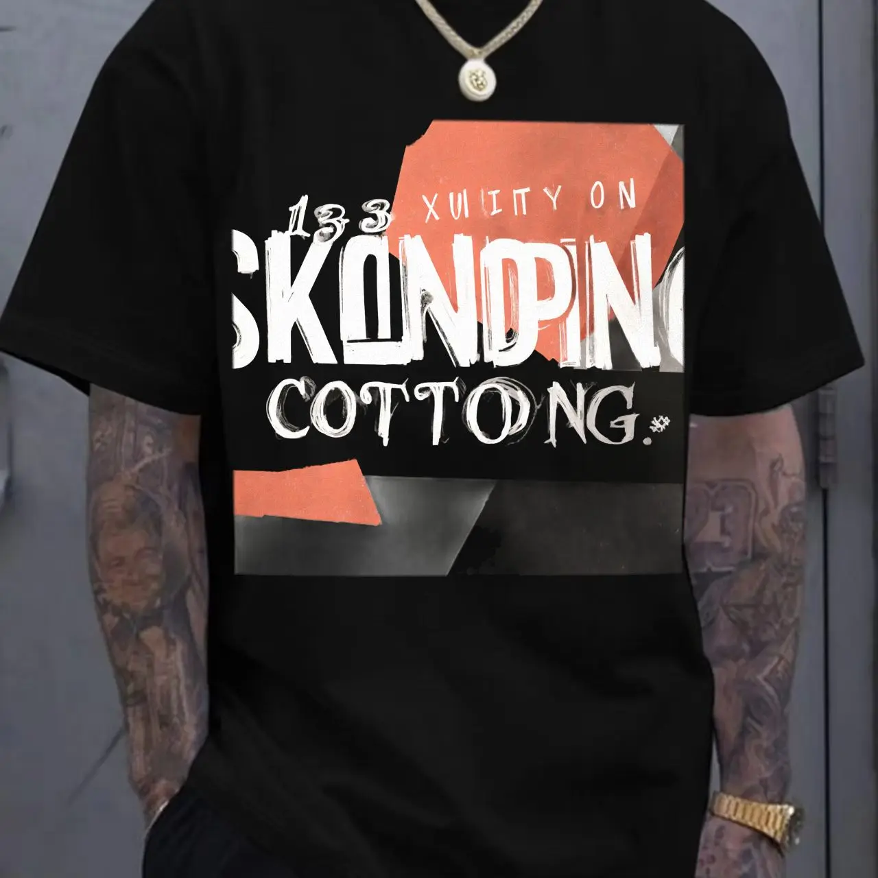 تي شيرت أبيض بأكمام قصيرة ورقبة دائرية مع تصميم جرافيك - خلفية حمراء غير منتظمة، نص مصمم (XUITY ON، SKINDING، COTTONG) #1