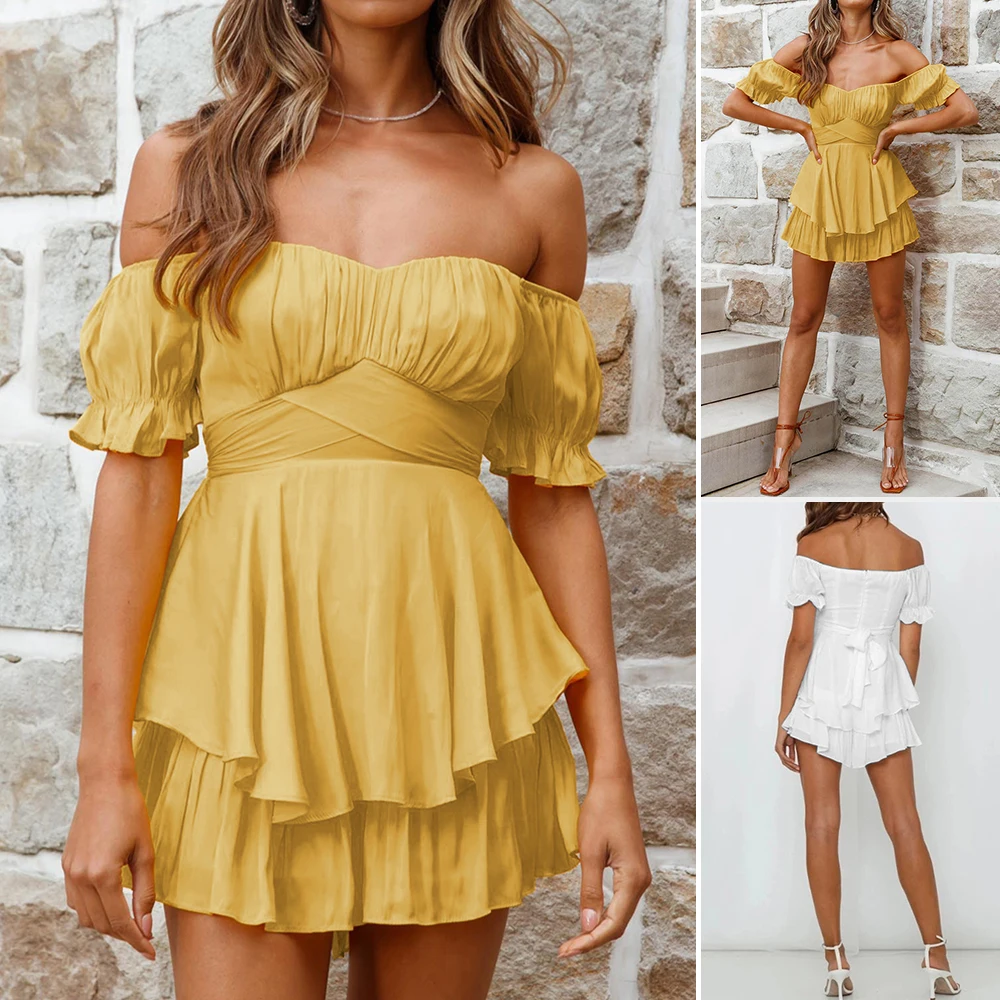 

Mia Muse Boutique Короткие широкие комбинезоны для свиданий 2025 Женские комбинезоны Летние французские элегантные однотонные комбинезоны с рюшами и открытыми плечами