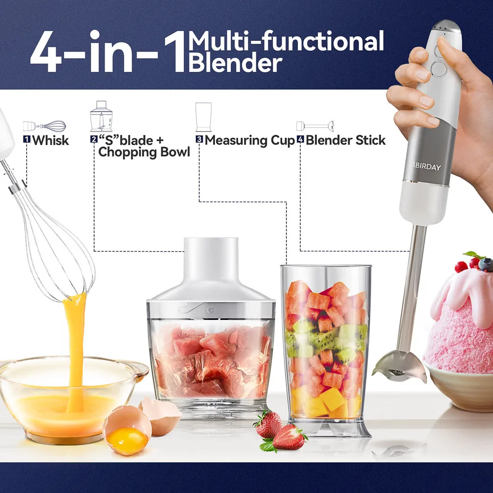 800W 4-in-1 핸드 이머전 블렌더, 스테인레스 스틸 스틱 푸드 믹서, 600ml & 500ml, 화이트