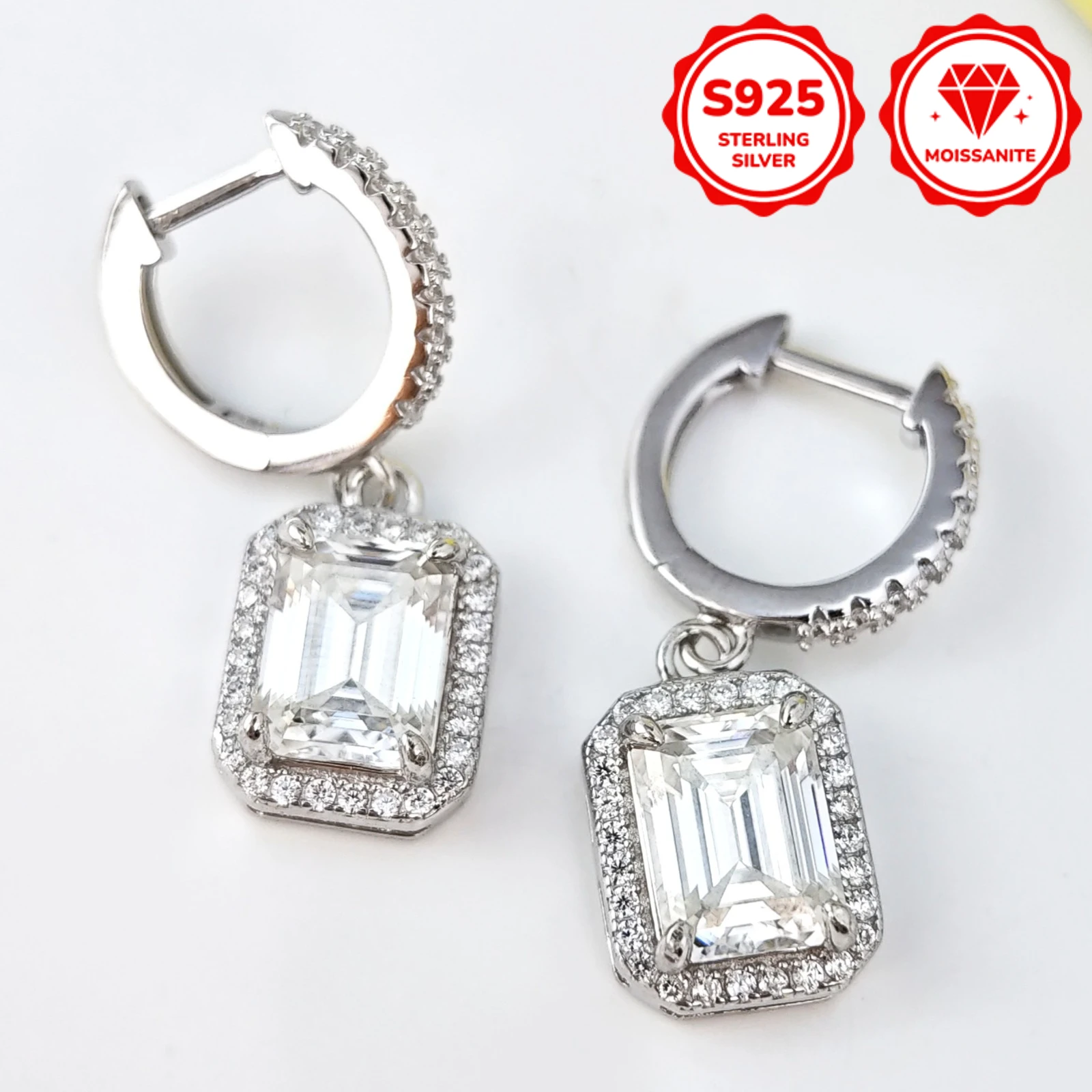 

1pair 1/2Ct Exquisite Sparkling Rectangular Moissanite Earrings, Made of 925 Silver, Classic Design, Ideal Gift for Anniversary.
