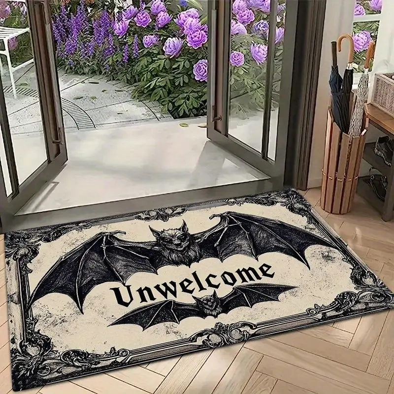 VIKAMA Retro Gothic Bat Welcome Doormat Washable Non Slip Entryway Floor Mat Kitchen Bedroom Halloween Home Decor Rug