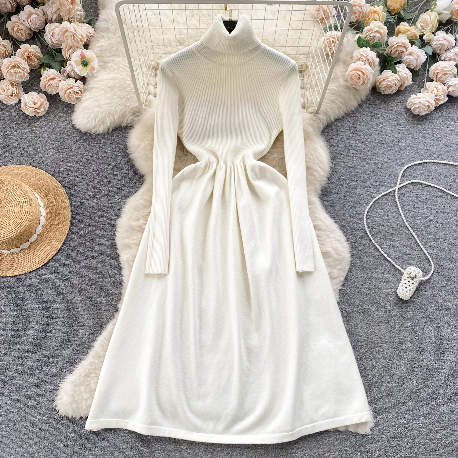 

Women Elegant Knitting Dresses Solid Turtleneck Long Sleeve A-line Bottom Vestidos Female Spring Fall Versatile Bottom Frocks