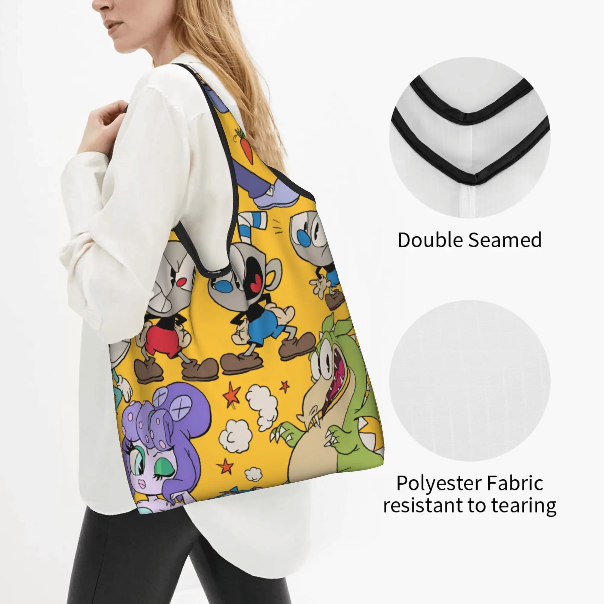 Gothic Vintage Retro Cartoons C-Cupheades Grocery Shopping Bag Kawaii Shopper Shoulder Tote Bag Large Capacity Portable  Handbag