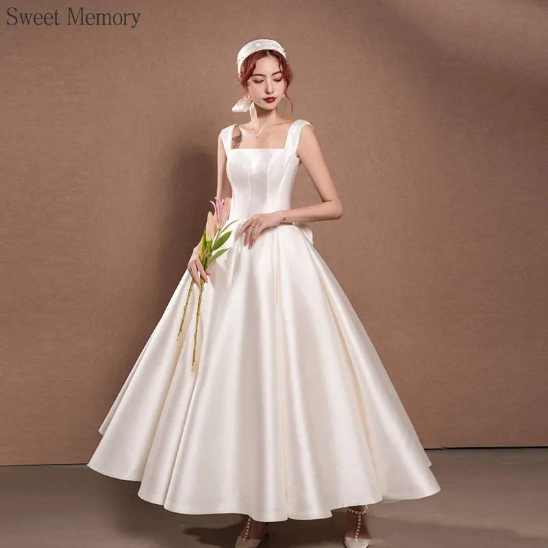 A139 Sweat Memory White Red Sleeveless Satin Wedding Dresses Bow Backless Lady Girl Women Princess Bridal Party Ball Prom Dress