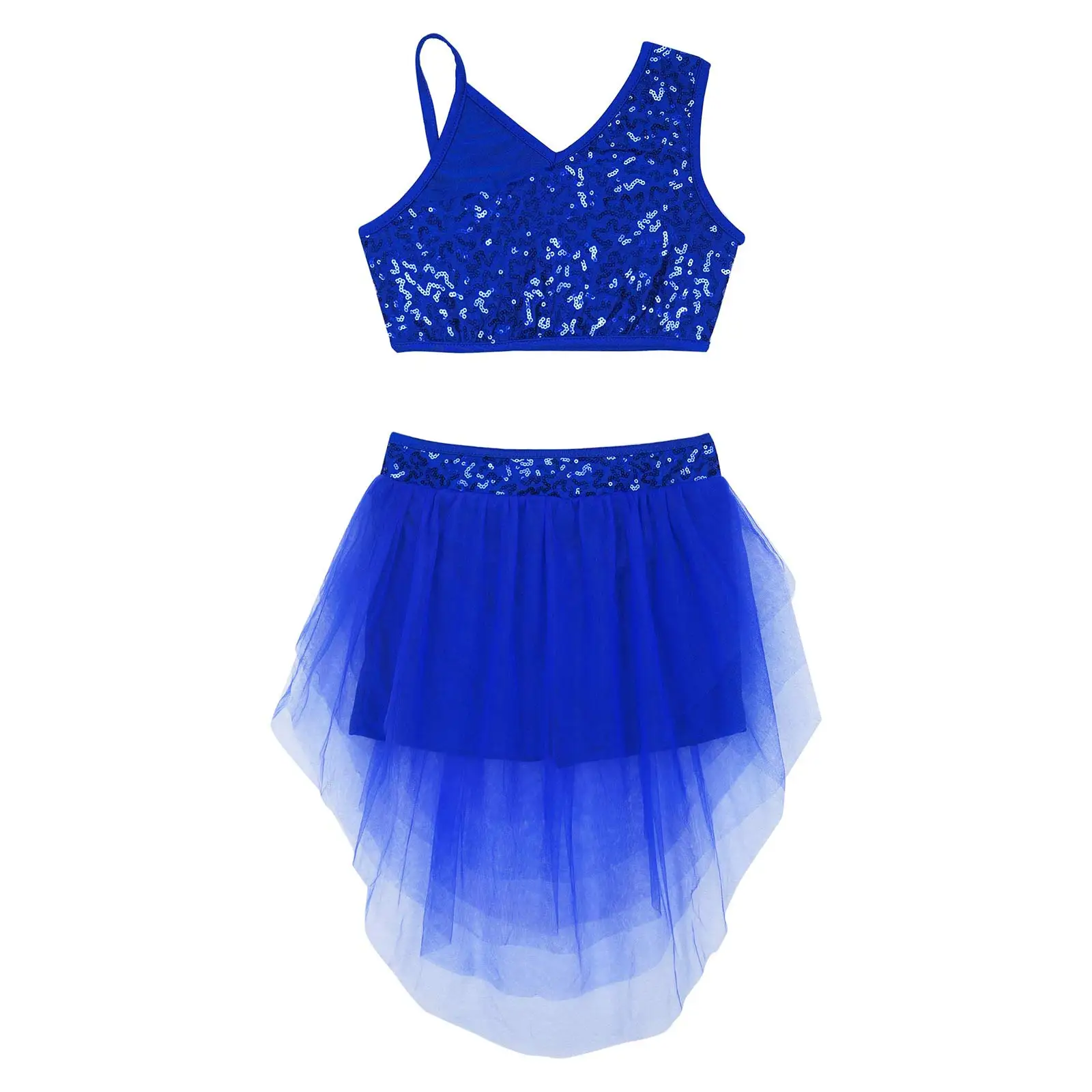 Bambini ragazze paillettes danza classica set Crop Top senza maniche con gonna Tutu Outfit Jazz Ballroom costumi da ballo lirico