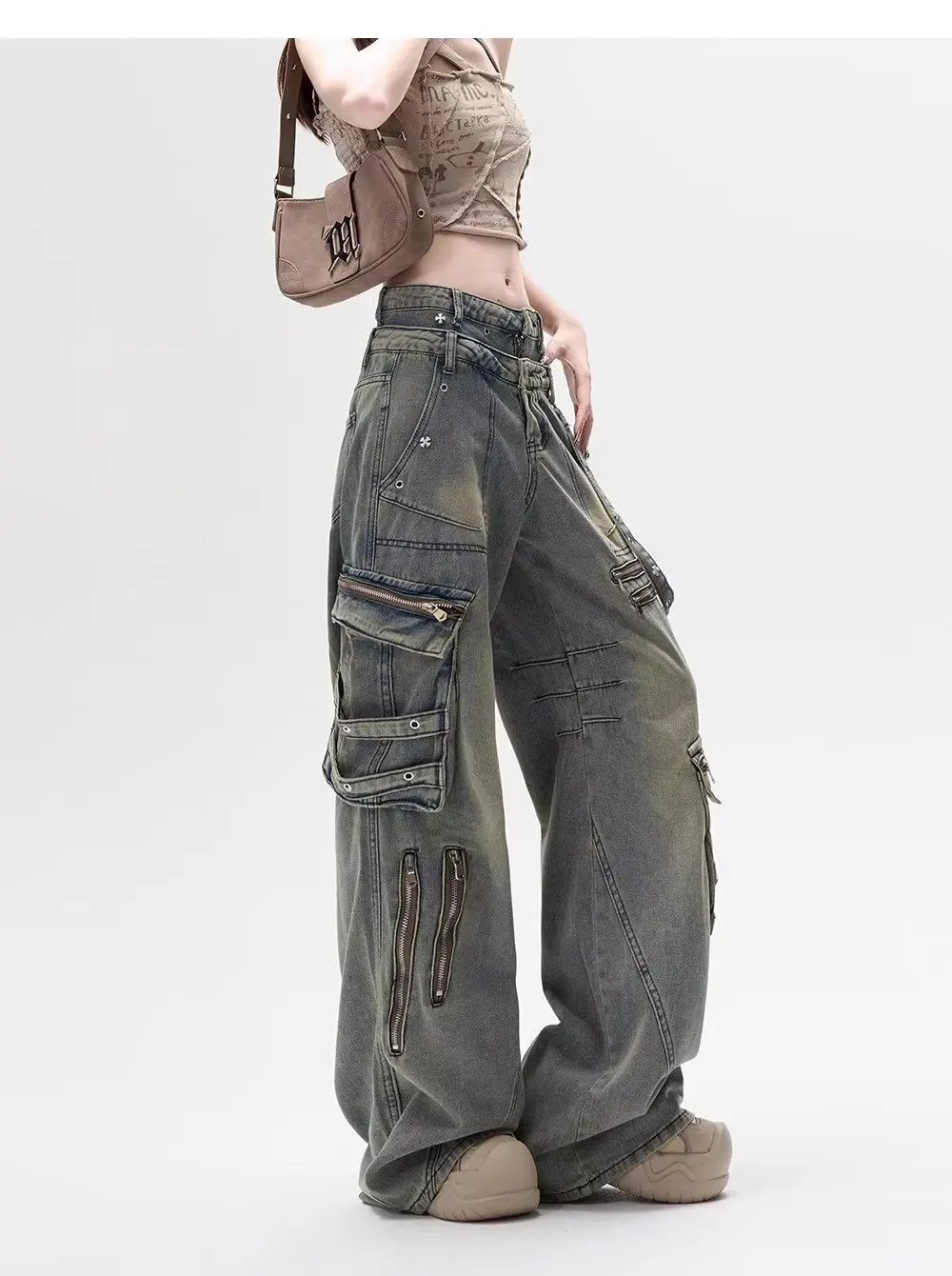 American style large pocket irregular ribbon wide leg jeans women's high street washed new men's loose street clothes floor pant