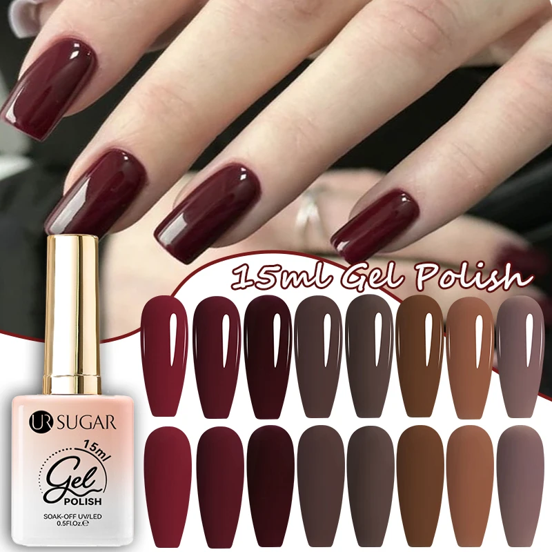 UR SUGAR 15ml Chocolate Brown Color Gel Nail Polish Wine Red Manicure Semi Permanent Base Matte Top Coat Soak Off Nail Art Gel